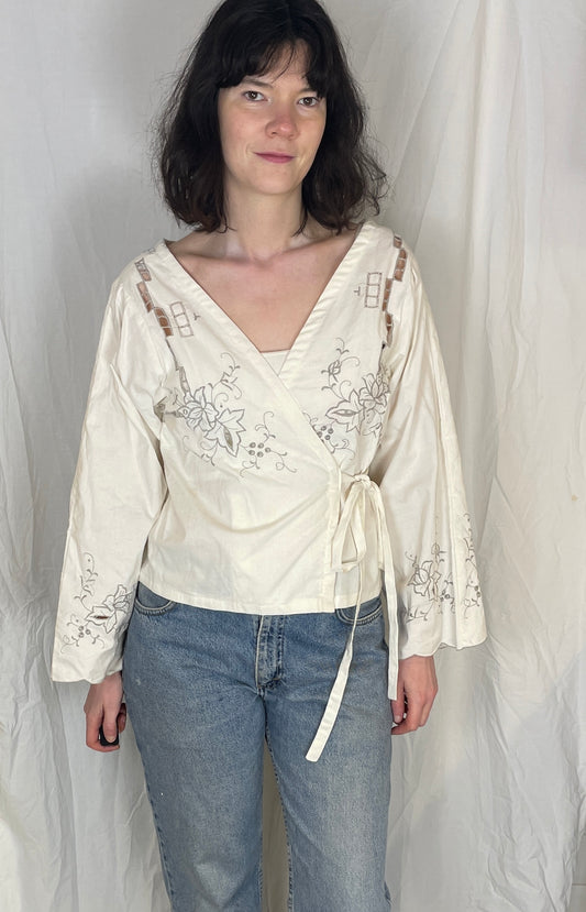 Eve Handmade White Linen Floral Embroidered Wrap Top - Up To Size 12