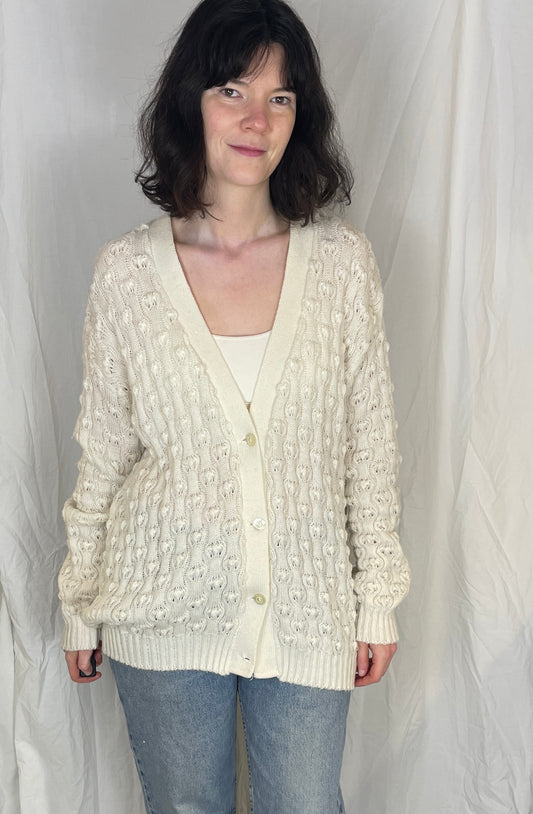Vintage 90s Long White Bobble Knitted V-neck Cardigan - Up To Size 14