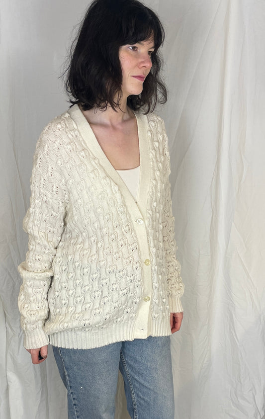 Vintage 90s Long White Bobble Knitted V-neck Cardigan - Up To Size 14