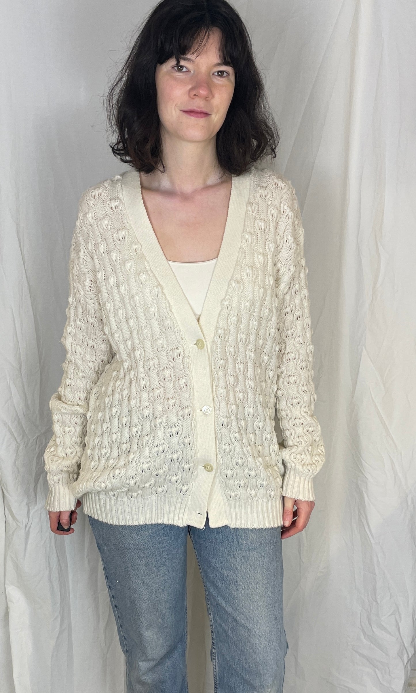 Vintage 90s Long White Bobble Knitted V-neck Cardigan - Up To Size 14