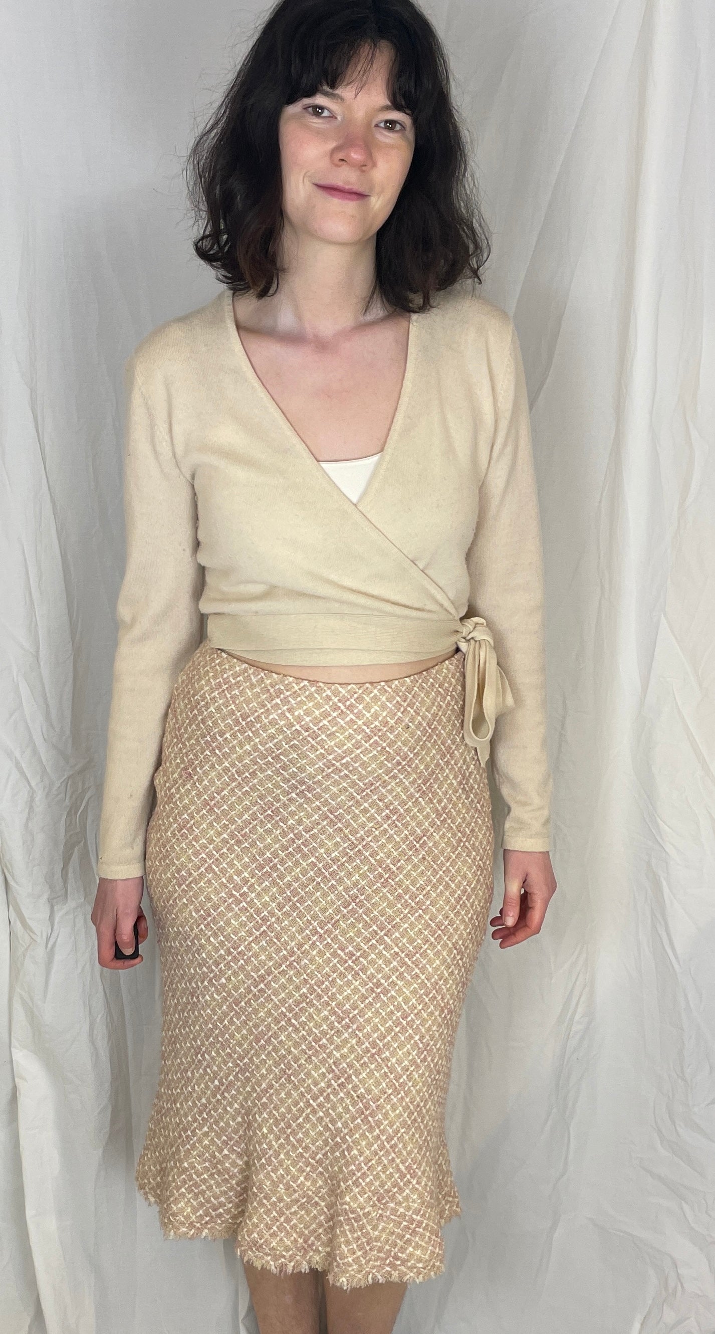 Vintage Y2K Pale Pink Wool Blend Tweed Midi Pencil Skirt - Size 12