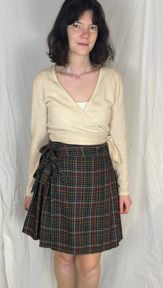 Bonnie Handmade Purple Cotton Checked Pleated Wrap Mini Skirt - Size 10 and 12