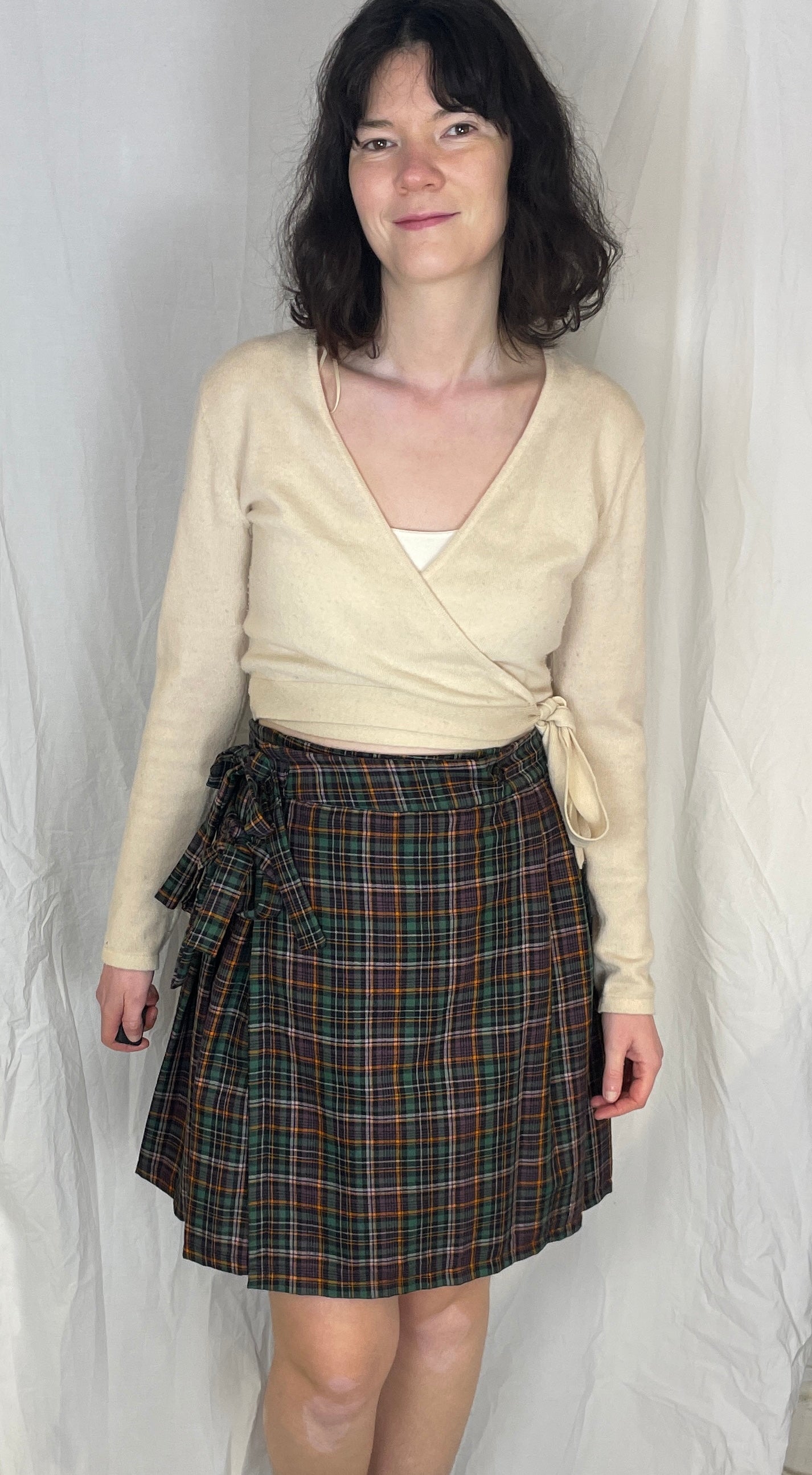 Bonnie Handmade Purple Cotton Checked Pleated Wrap Mini Skirt - Size 10 and 12