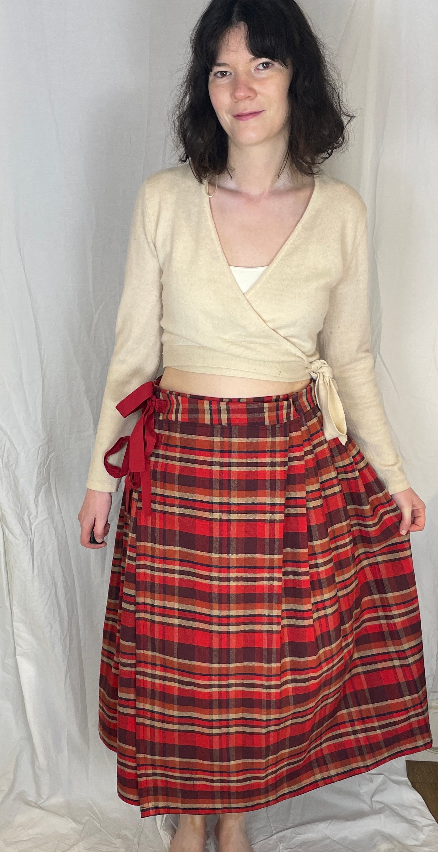 Bonnie Handmade Red Cotton Checked Pleated Wrap Maxi Skirt - Size 12 and 14