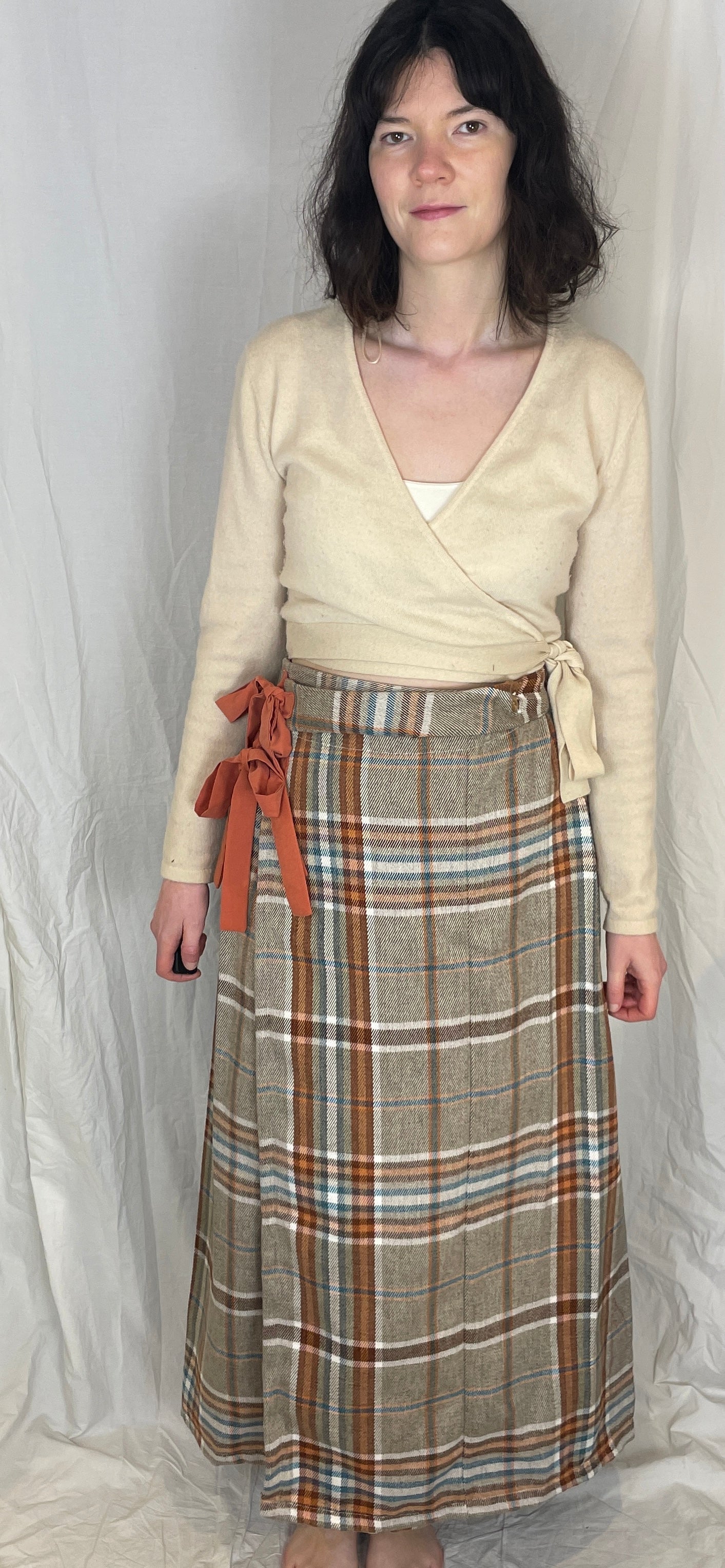 Bonnie Handmade Grey and Orange Wool Blend Checked Pleated Wrap Maxi Skirt - Size 10 and 12