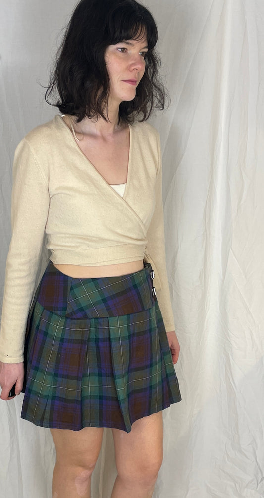 Vintage 80s Purple and Green Checked Wool Pleated Mini Wrap Skirt - Up To Size 12