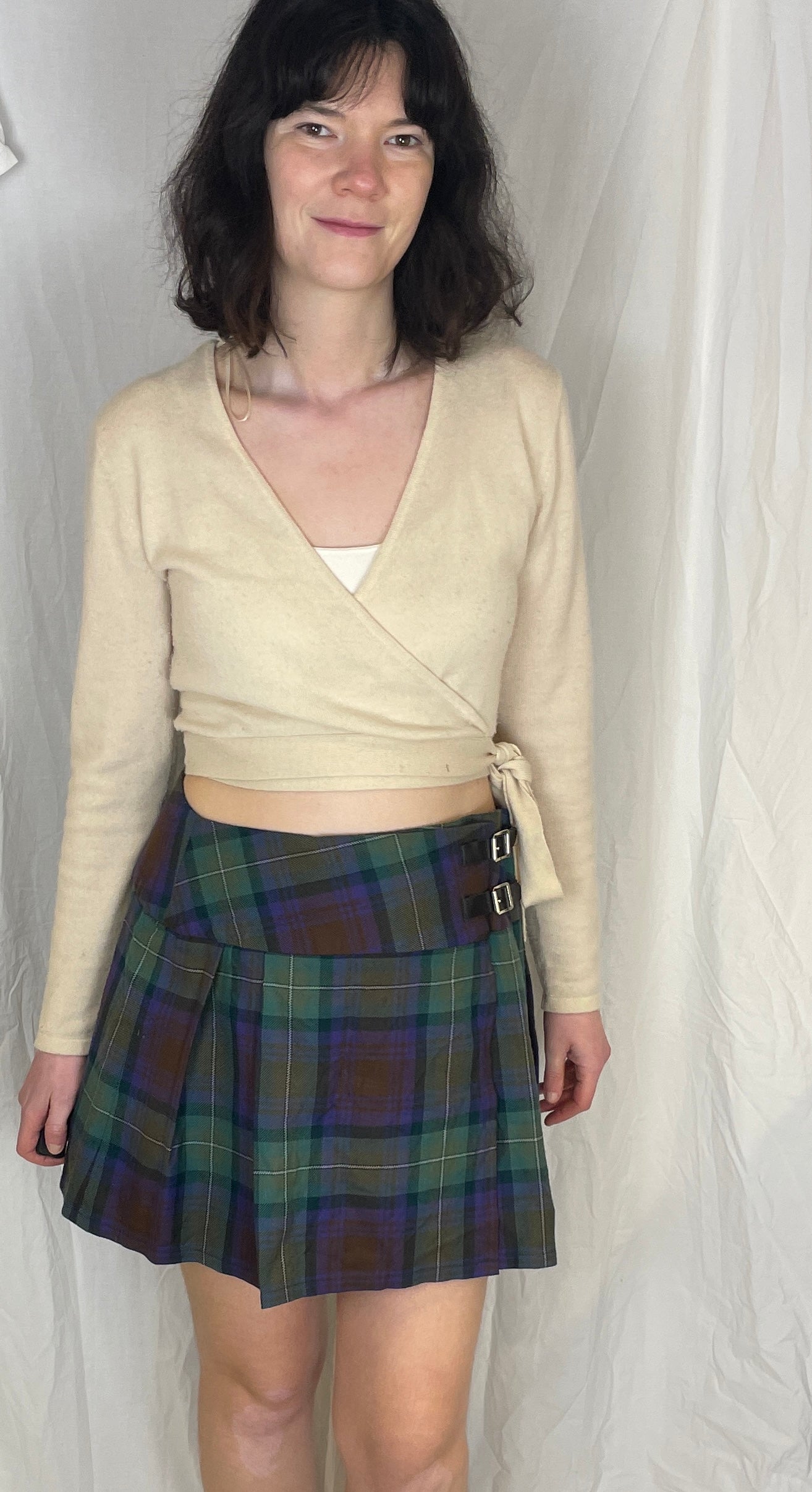 Vintage 80s Purple and Green Checked Wool Pleated Mini Wrap Skirt - Up To Size 12