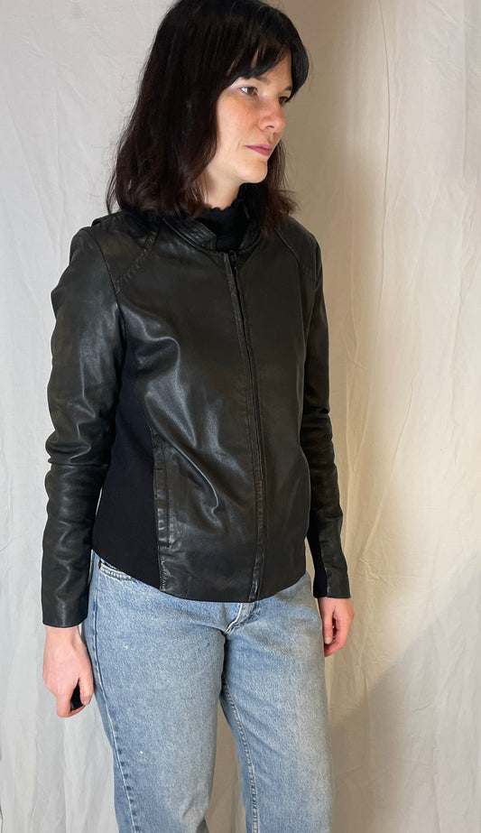 Vintage Y2K Black Leather Jacket with Fabric Panels - Up To Size 12