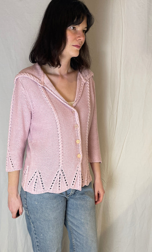 Vintage Pink Cotton Cable Knit V-Neck Collared Cardigan - Up To Size 14
