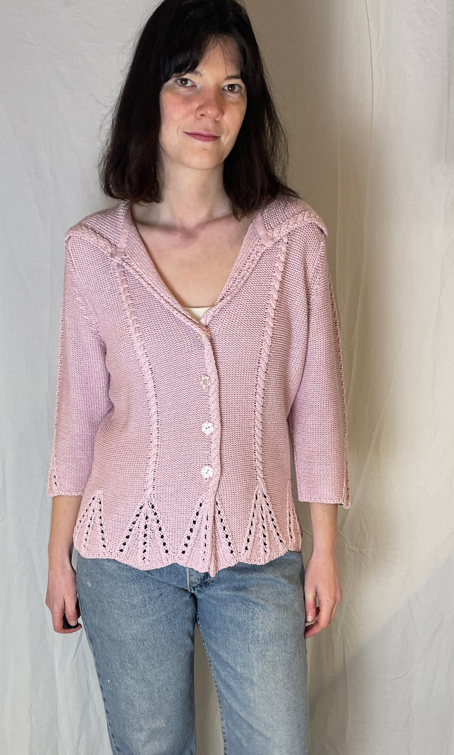 Vintage Pink Cotton Cable Knit V-Neck Collared Cardigan - Up To Size 14