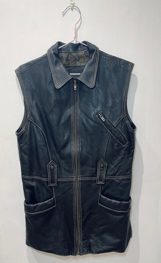 Vintage 90s Black Utility Long Sleeveless Leather Jacket - Up To Size 12