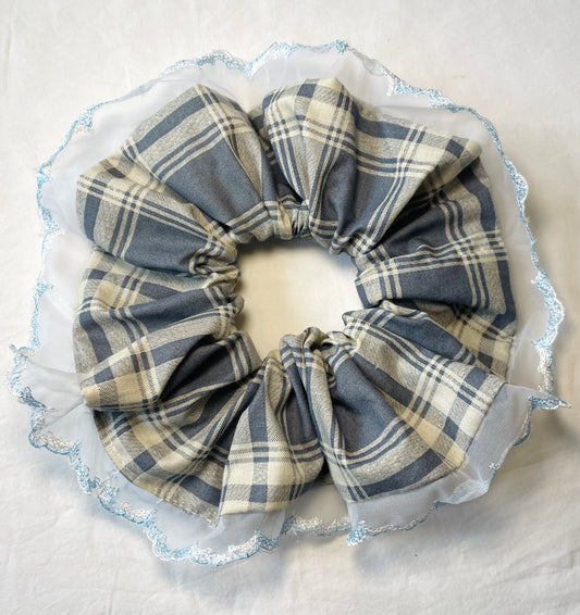 Handmade Blue Checked Giant Scrunchie with Blue Floral Lace Trim