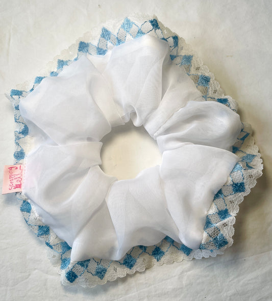 Handmade White Organza Giant Scrunchie with Blue Lace Trim