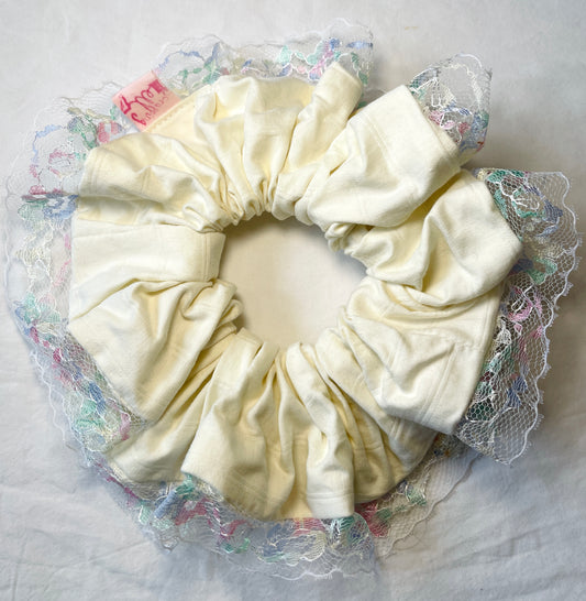 Handmade White Striped Giant Scrunchie with Pink Lace Trim