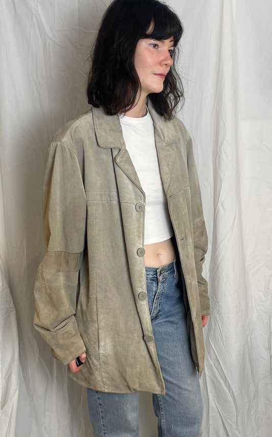 Vintage 90s Grey Long Unisex Suede Leather Shirt Jacket - Size L