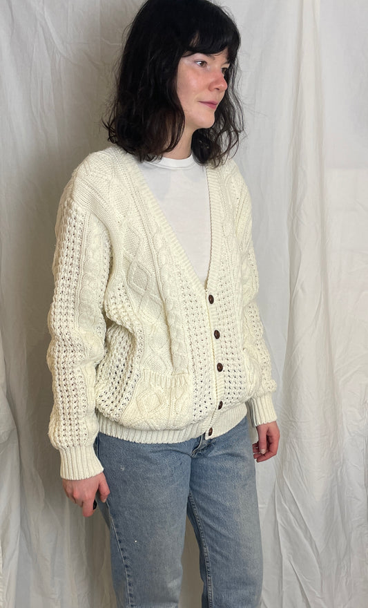 Vintage 90s White Cable Knit V Neck Cardigan - Up To Size 14
