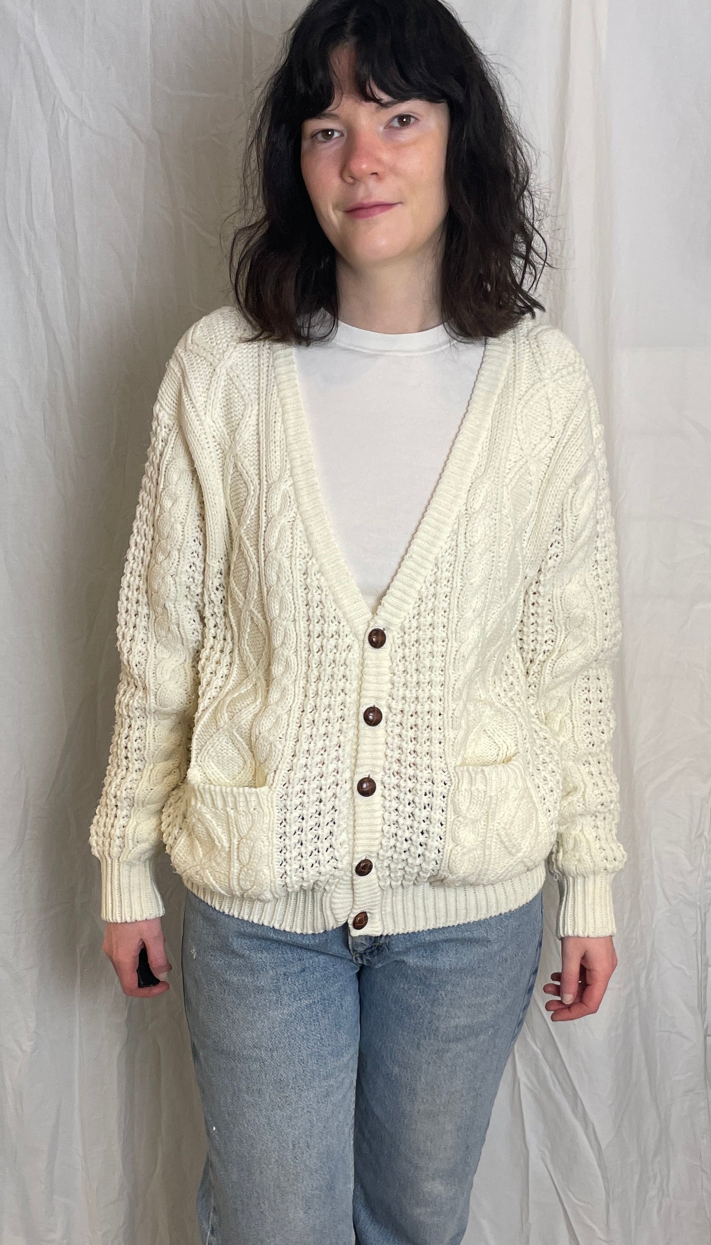 Vintage 90s White Cable Knit V Neck Cardigan - Up To Size 14