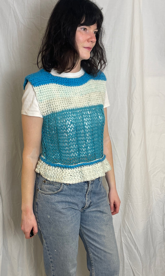 Vintage 90s Blue Striped Handknitted Sleeveless Jumper - Size 12