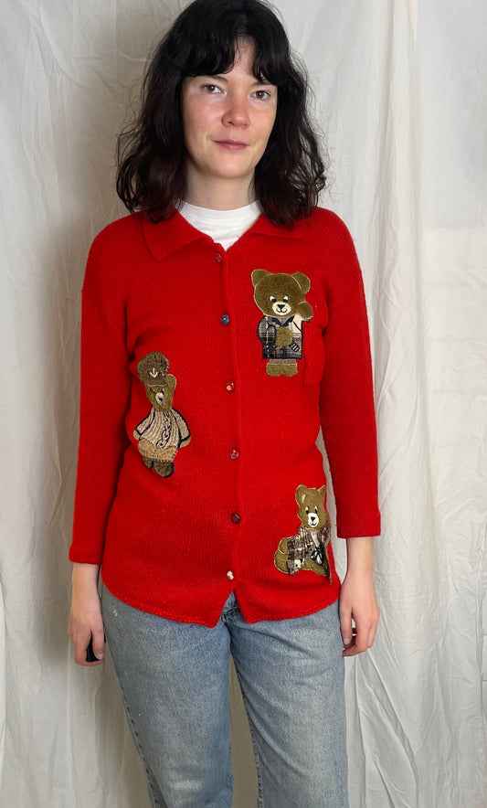 Vintage 90s Red Knitted Teddy Bear Applique Cardigan with Collar - Size 10