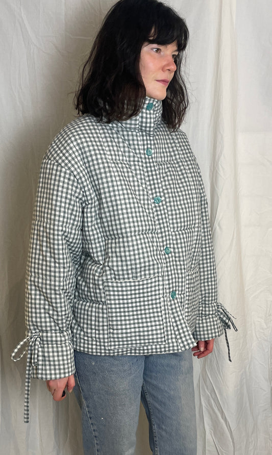 Handmade Green Gingham High Neck Quilted Puffer Jacket with Drawstring Cuffs - Size L