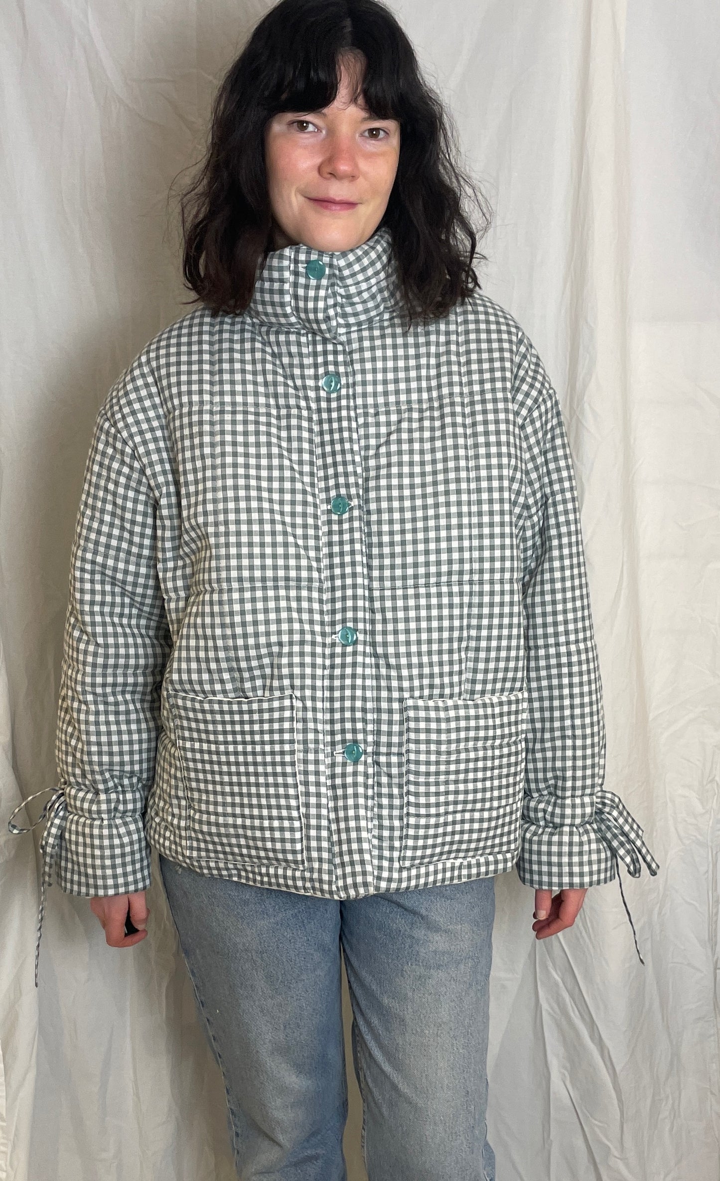 Handmade Green Gingham High Neck Quilted Puffer Jacket with Drawstring Cuffs - Size L