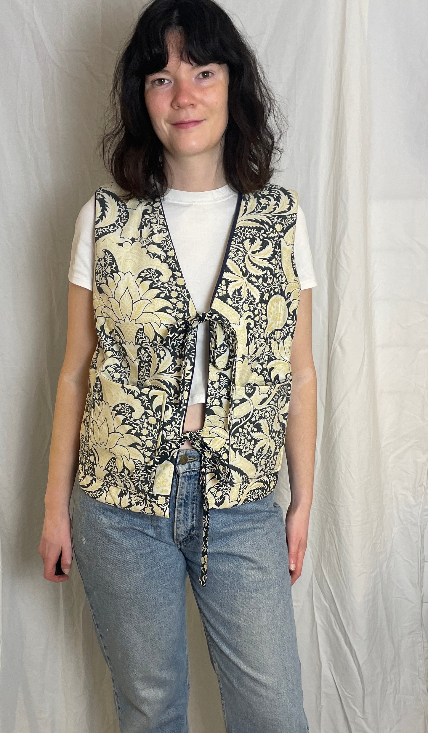 Zoe Handmade Navy Blue and Yellow Floral Tie Front Quilted Vest Gilet - Up To Size 12
