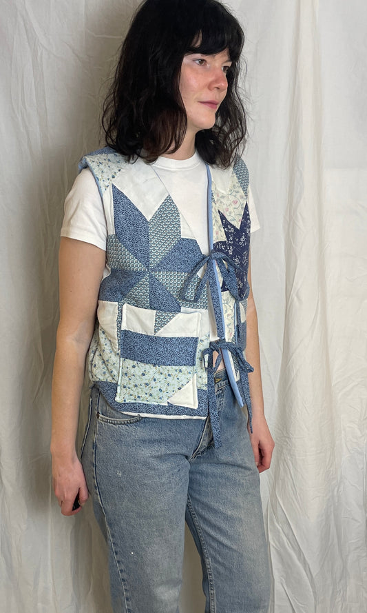 Handmade Blue Floral Tie Front Quilted Vest Gilet - Size 10