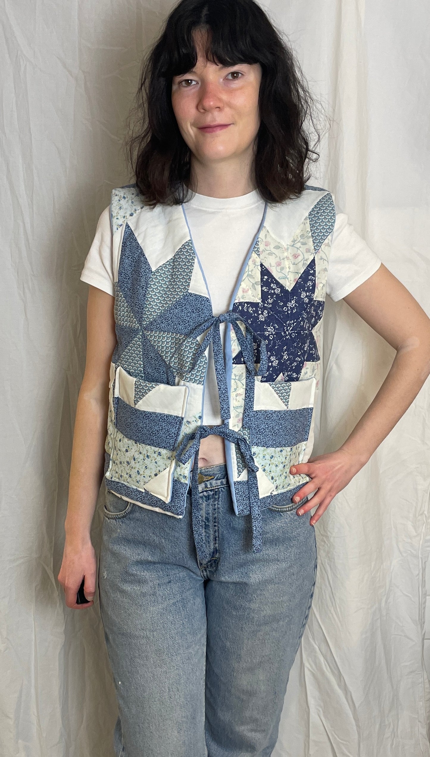 Handmade Blue Floral Tie Front Quilted Vest Gilet - Size 10