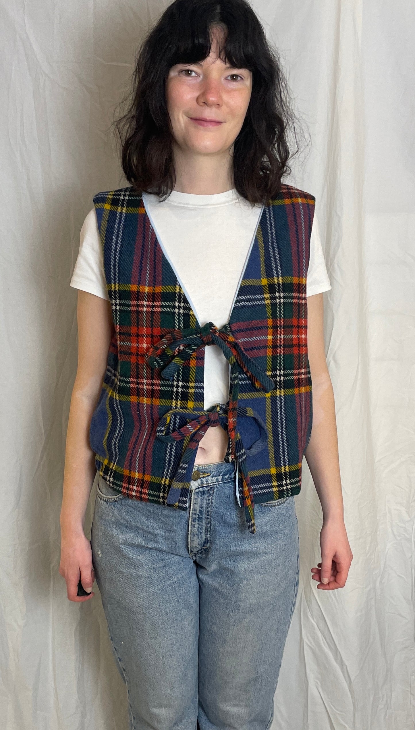 Handmade Blue Tartan Wool Tie Front Vest Top - Size 12