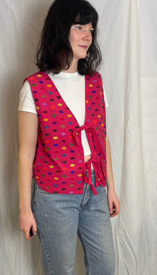 Handmade Pink Geometric Embroidered Tie Front Vest Top - Size 14