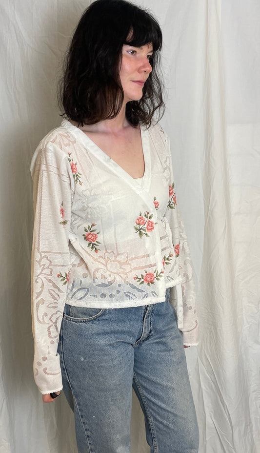 Handmade White and Pink Floral Lace Wrap Top - Size 12