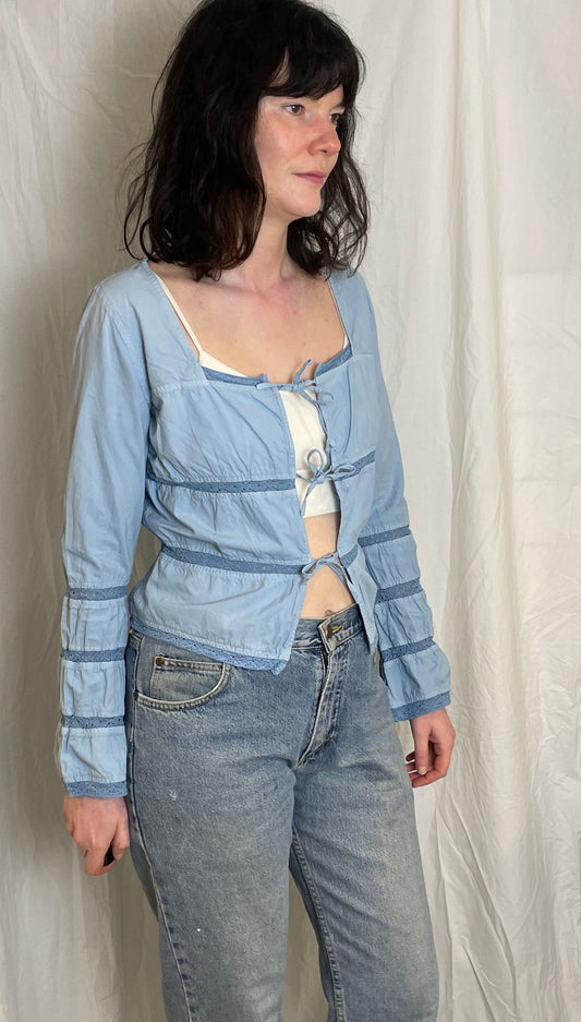 Vintage Y2K Pale Blue Tie Front Lace Trim Puff Sleeve Top - Up To Size 10