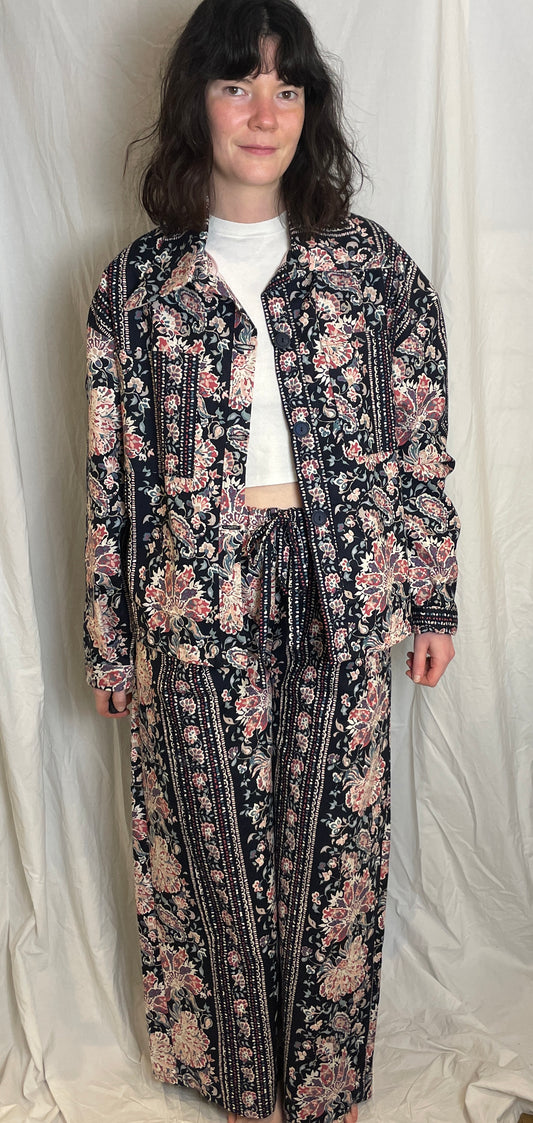 Handmade Navy and Pink Floral Shirt Jacket and Drawstring Trousers Co-ord Set - Size 14
