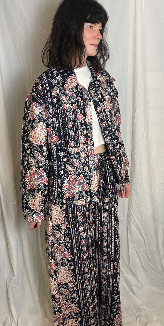 Handmade Navy and Pink Floral Shirt Jacket and Drawstring Trousers Co-ord Set - Size 14