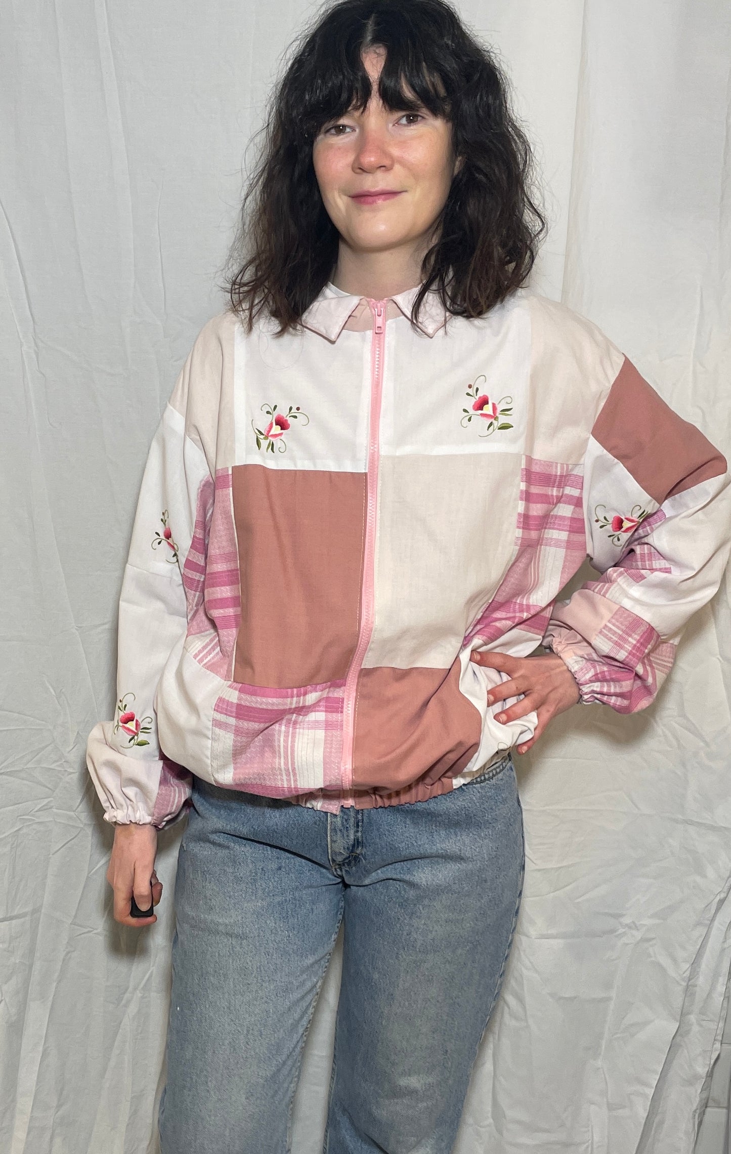 Handmade Pink Cotton Patchwork High Neck Bomber Jacket with Floral Embroidery - Size 12