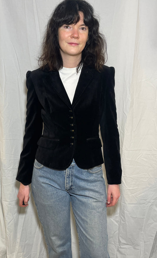Vintage 90s Black Velvet Puff Sleeve Blazer Jacket - Size 8