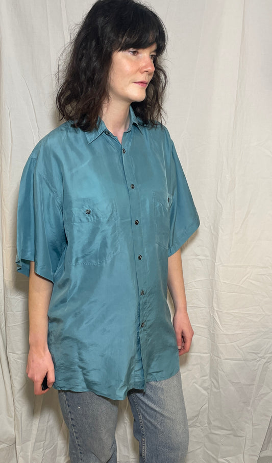 Vintage 90s Teal Green Short Sleeve Silk Shirt - Size 14
