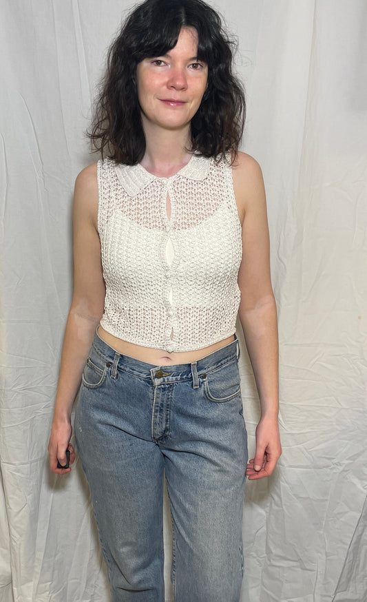 Vintage 90s White Crochet Button Up Collared Vest Top - Size 8