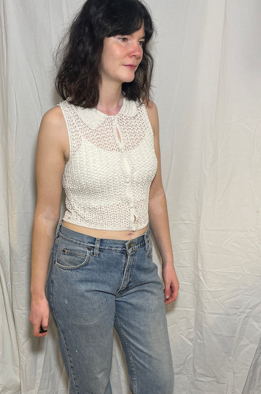 Vintage 90s White Crochet Button Up Collared Vest Top - Size 8