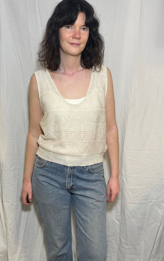 Vintage 90s White Pointelle Knit Sleeveless Vest Top - Size 14