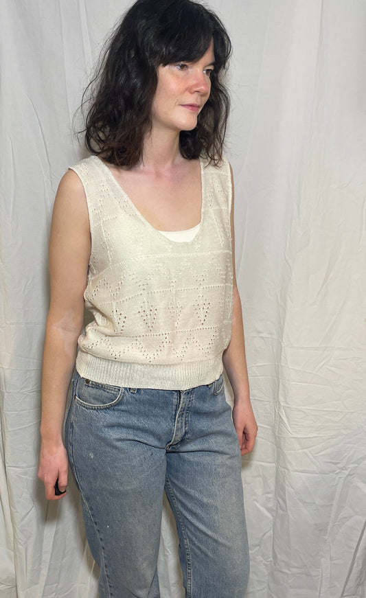 Vintage 90s White Pointelle Knit Sleeveless Vest Top - Size 14