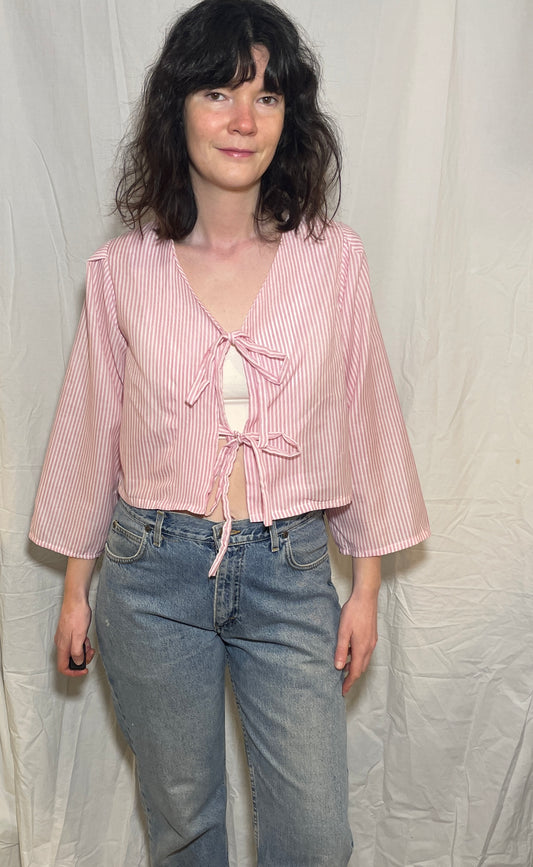 Handmade Pink Cotton Striped Tie Front Top - Size 10