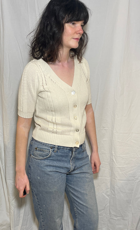 Vintage 90s White Pointelle Knitted Short Sleeve Cardigan - Size 10