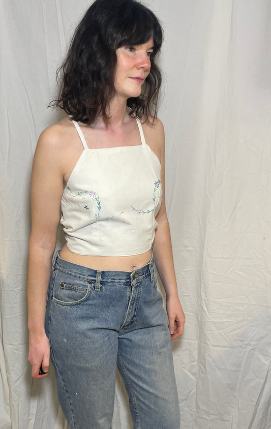 Handmade White Cotton Floral Embroidered Cross Strap Tie Back Crop Top - Size 10