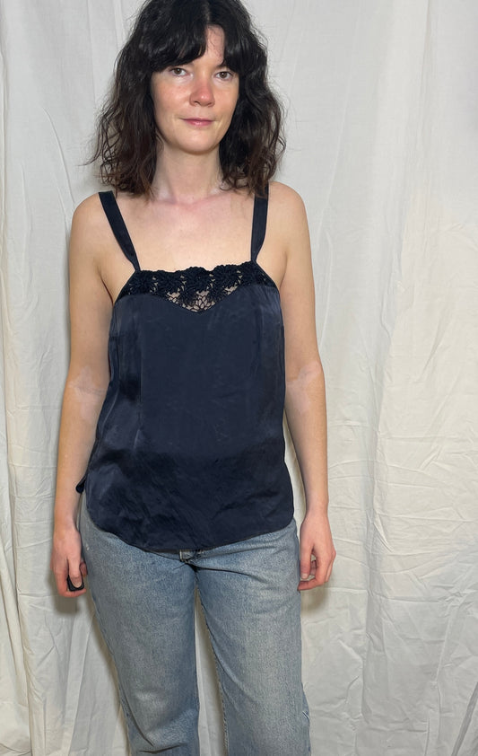 Vintage Y2k Navy Blue Lace Trim Silk Vest Top - Size 10