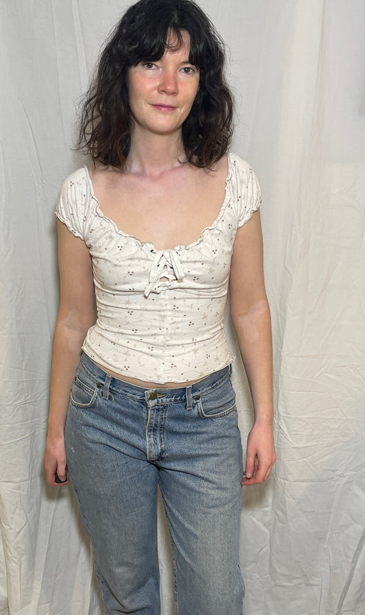 Vintage Y2k White Floral Print Lace Up Front Peasant Top - Size 10