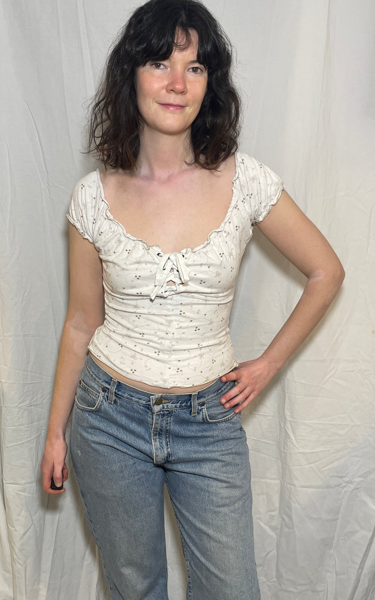 Vintage Y2k White Floral Print Lace Up Front Peasant Top - Size 10