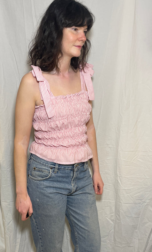Handmade Pink Striped Cotton Shirred Tie Shoulder Crop Top - Size 10