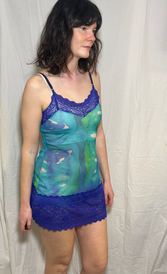 Vintage Y2k Blue Lace Trim Mesh Bodycon Mini Slip Dress - Size 8
