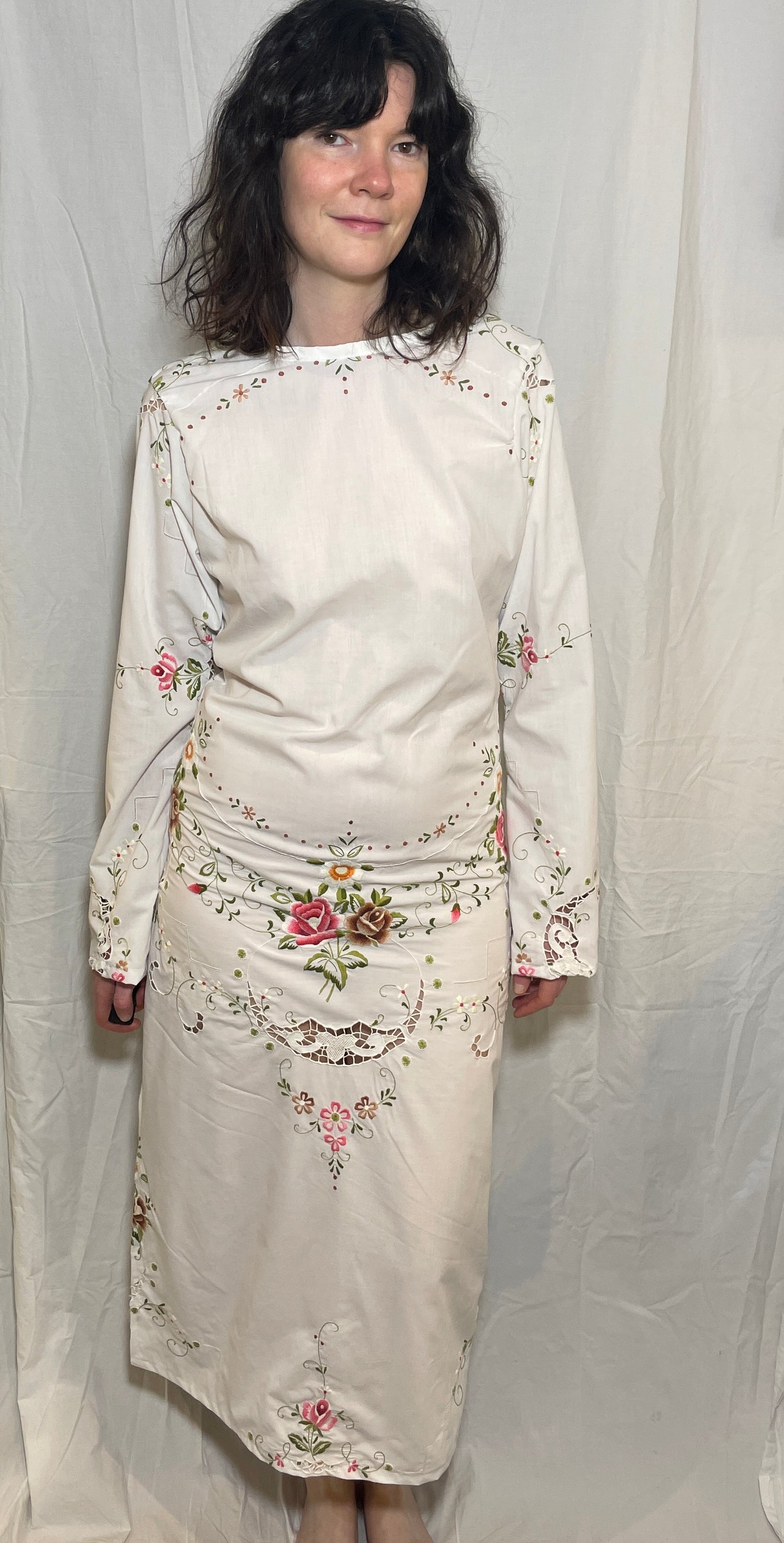Handmade White Cotton Bias Cut Tie Back Maxi Dress with Floral Embroidery - Size 12